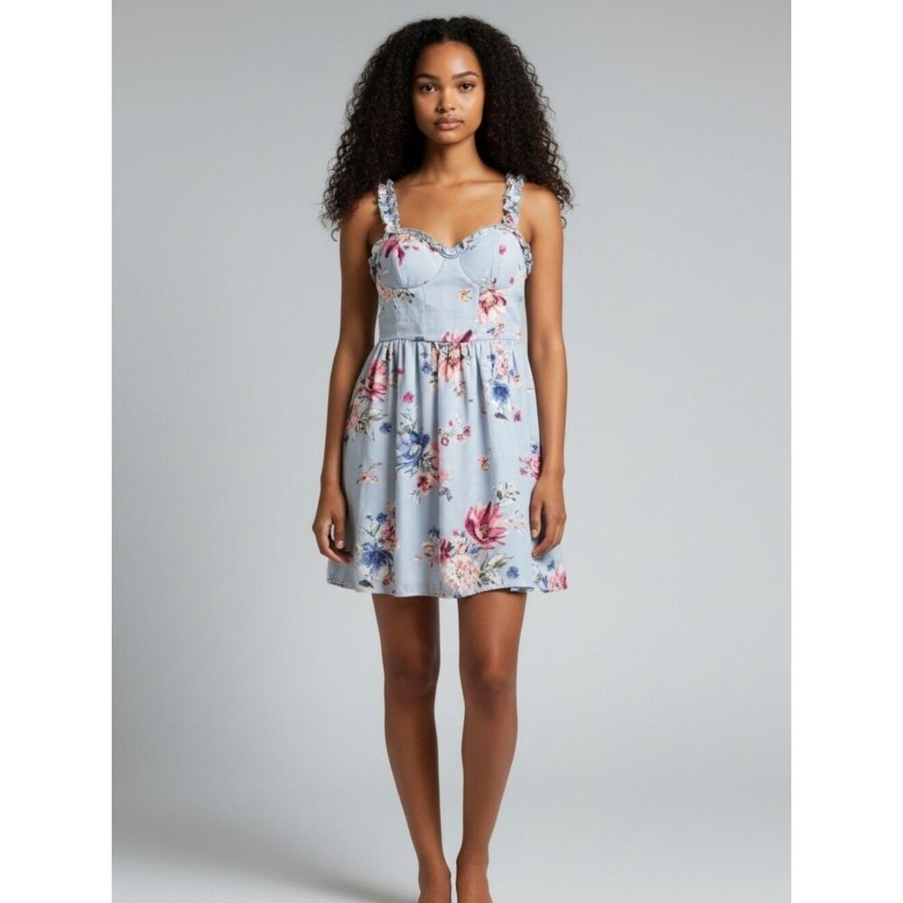 Morgan De Toi Floral Sundress Sweetheart Neck Adjustable Straps Light Blue M
